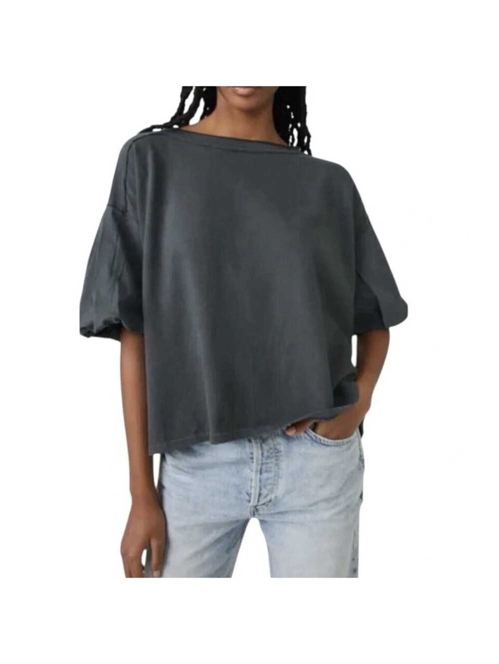 Free People We The Free Blossom Tee Gray Puff Sleeve Boxy Oversized Top M Boho